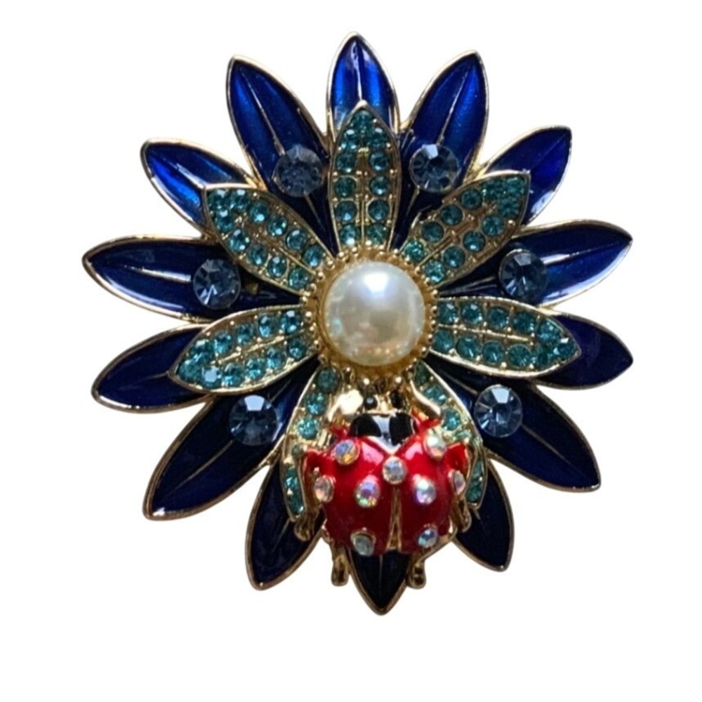 Blue Enamel Flower Ladybug Brooch Rhinestone Faux Pearl Gold Tone Pin
